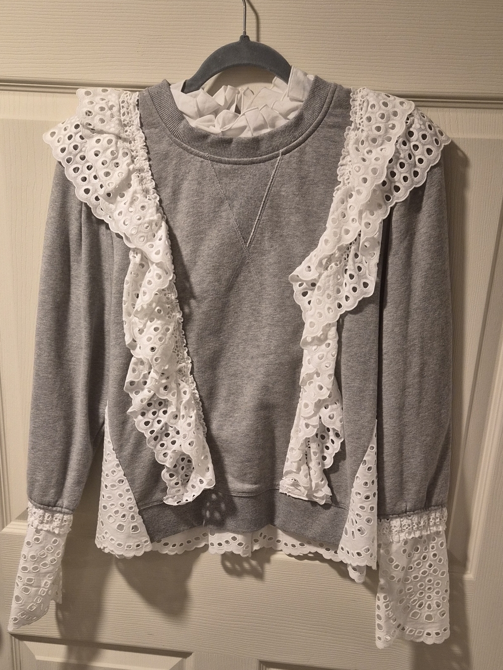 Gray Sweatshirt with White Eyelet Ruffle Trim